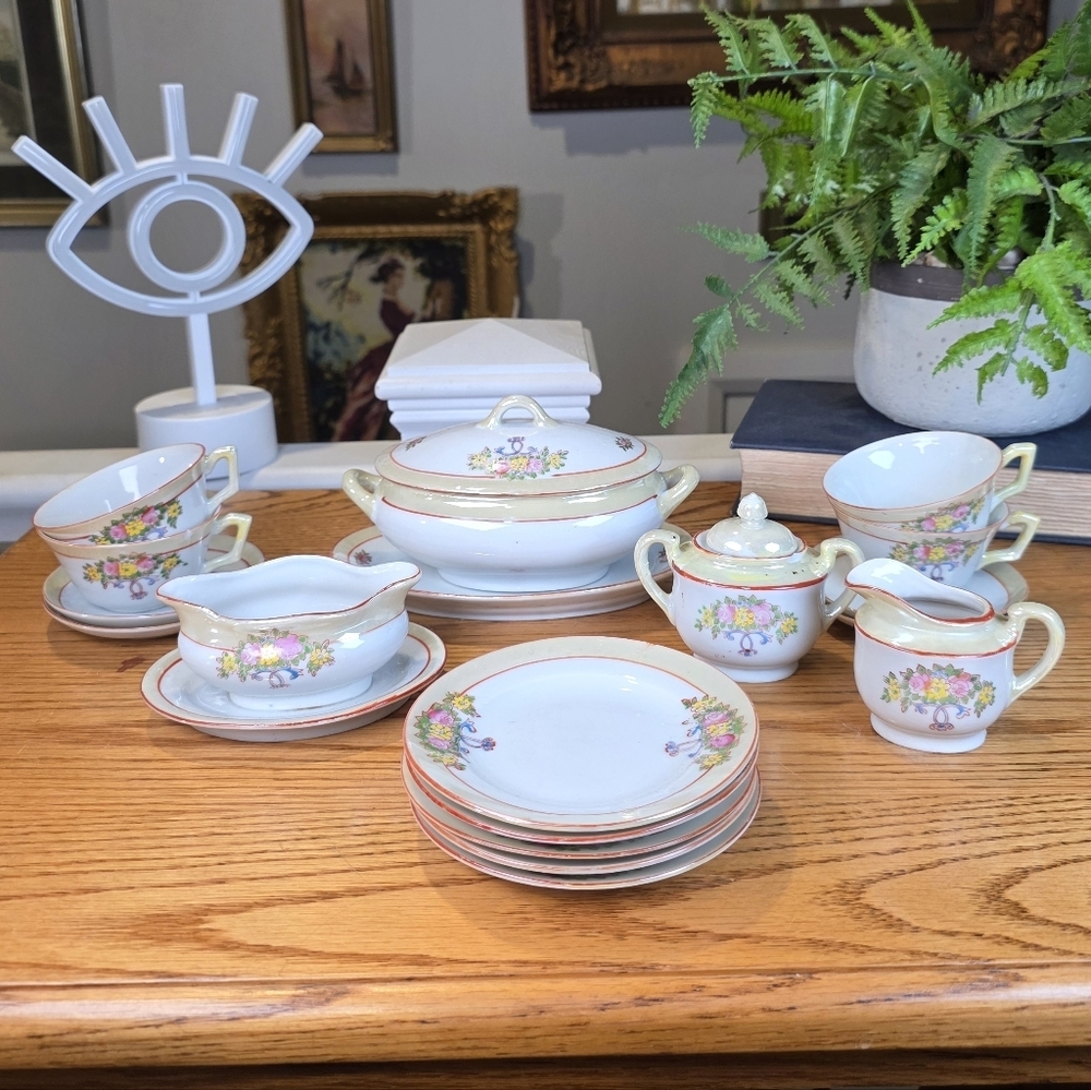 Vintage Japanese Lusterware Porcelain Tea Set - Iridescent Hand-Painted Floral